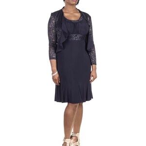 R & M Richards Sequin/Lace Jacket Dress Navy Size 14, EUC